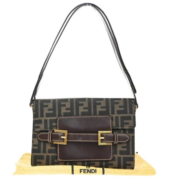 FENDI Logo Zucca Pattern Shoulder Bag Canvas Leather Brown GHW Italy 79KB388 - Picture 1 of 14